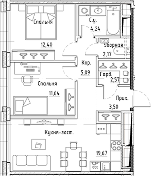 2-комнатная квартира 61.28 м², 10/10 эт., ЖК «LEGENDA Лисичанская 22»
